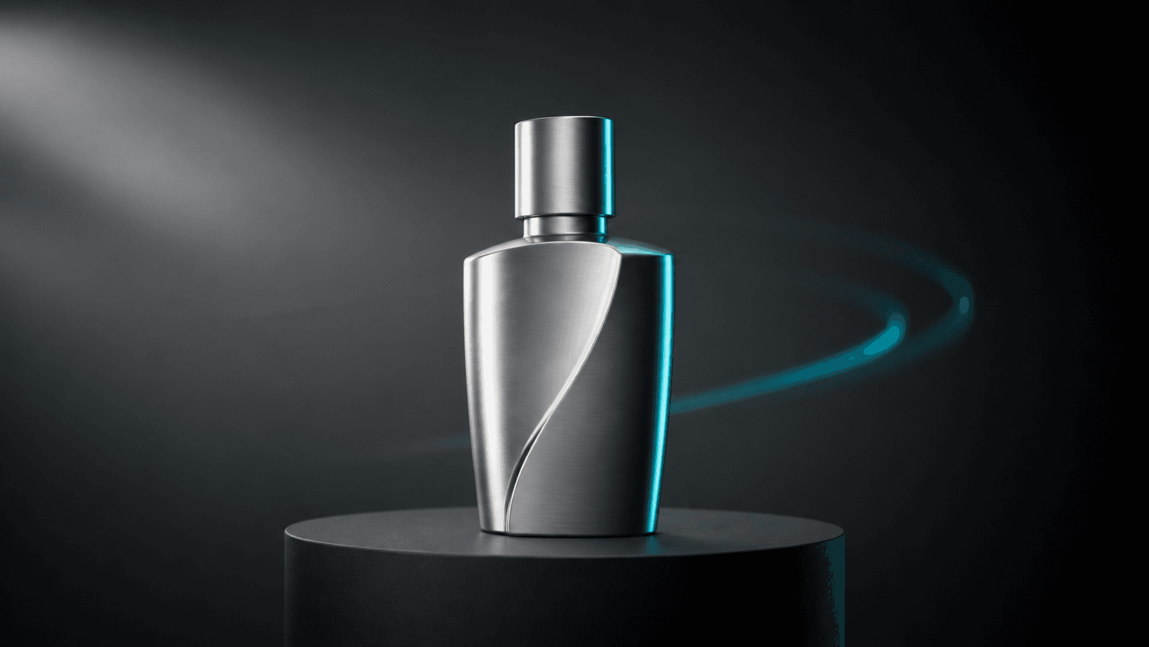 A silver product lit by a teal rim light in a dark studio.